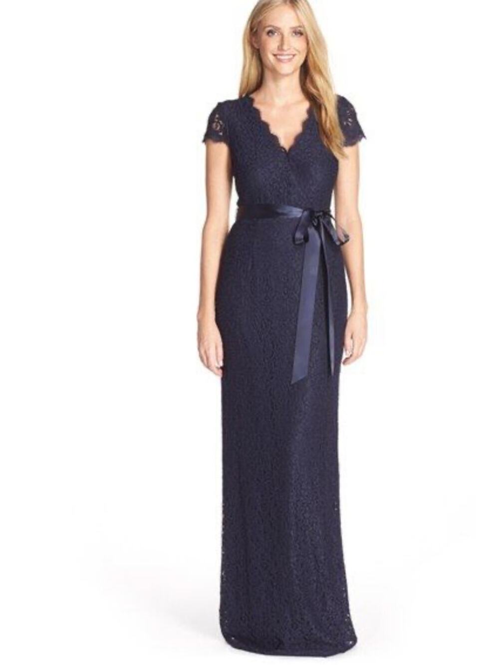 Adrianna Papell Navy Lace V Neck Scalloped Long Cap Sleeve Gown Sz 6